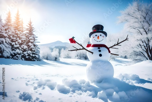 Merry christmas and happy new year greeting card with copy-space.Happy snowman standing in winter christmas landscape.Snow background © Eun Woo Ai