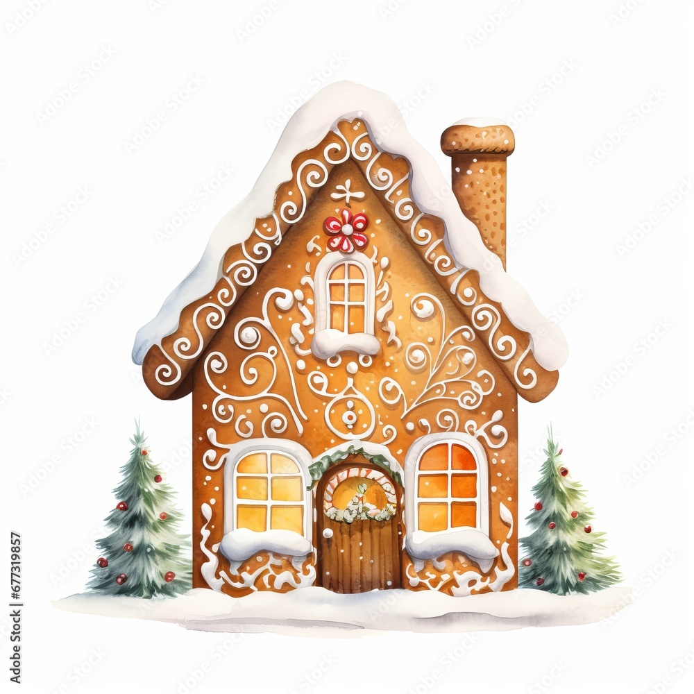 Gingerbread House Decoration watercolor isolated on white background 