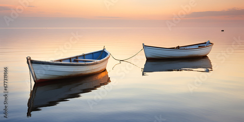 View of boat on water, Boat floats on the calm waters landscape sunset on the Sea journey, boats docked at the shore of a lake at sunset. Generative AI