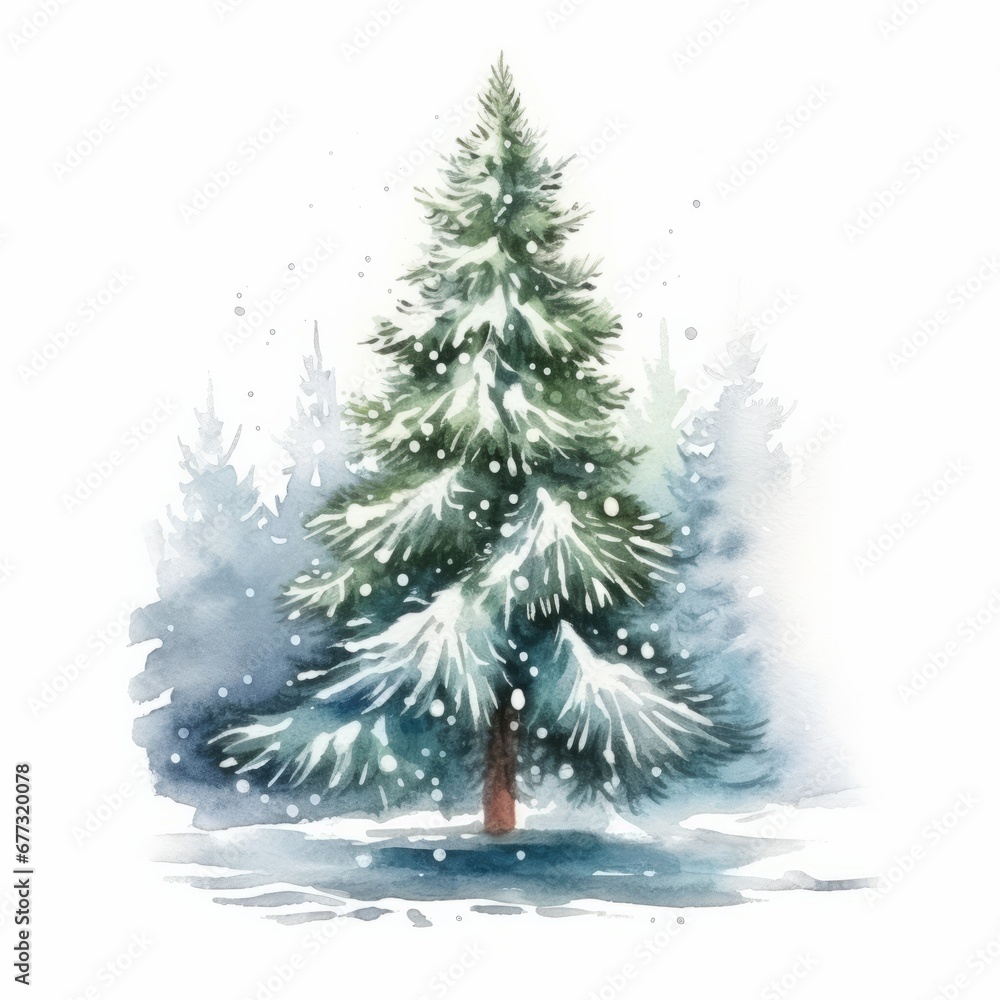 Snowy Christmas Tree watercolor isolated on white background 