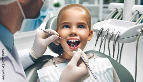 Little girl patient treating her teeth by a dentist in a dental office photo