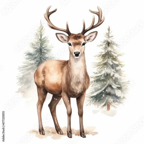 Magical Christmas Reindeer watercolor isolated on white background 