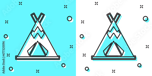 Black line Traditional indian teepee or wigwam icon isolated on green and white background. Indian tent. Random dynamic shapes. Vector