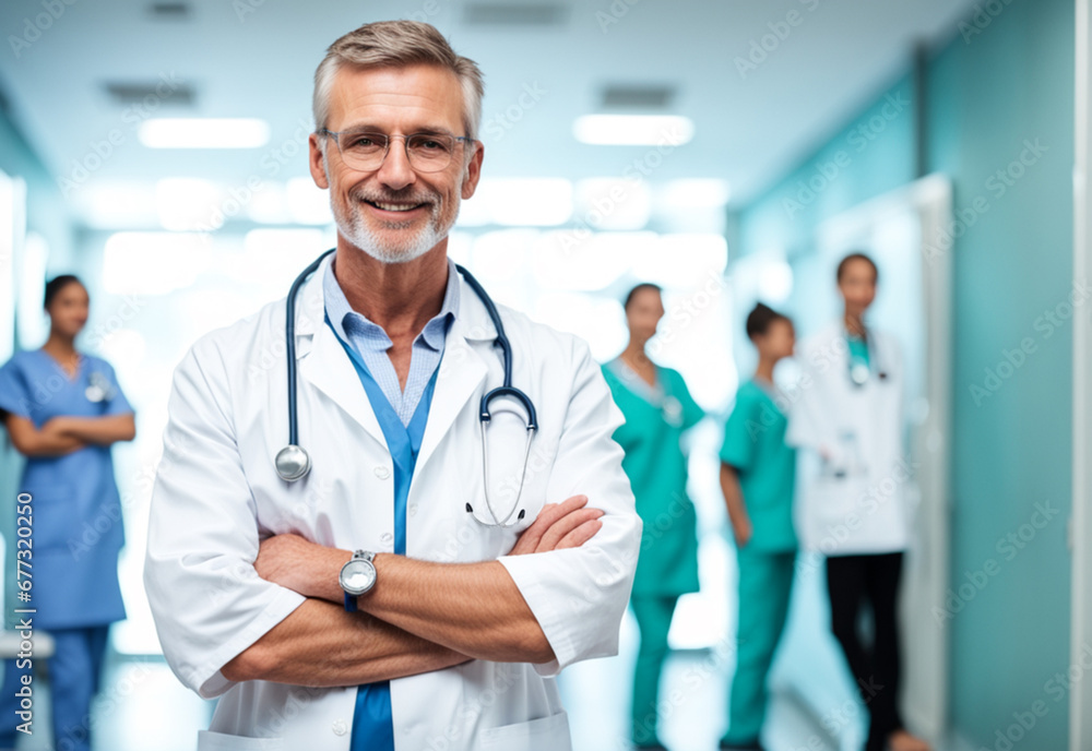 A portrait shot of a smiling male doctor standing in hospital background. Generative AI A portrait shot of a smiling male doctor standing in hospital background. Generative AI