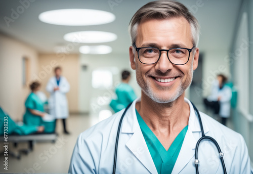 A portrait shot of a smiling male doctor standing in hospital background. Generative AI