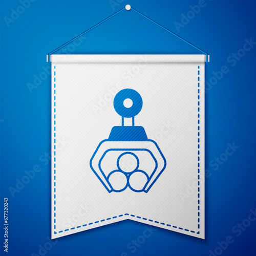 Blue Grapple crane grabbed a log icon isolated on blue background. Forest industry. Industrial crane for lumber trunk wood production. White pennant template. Vector