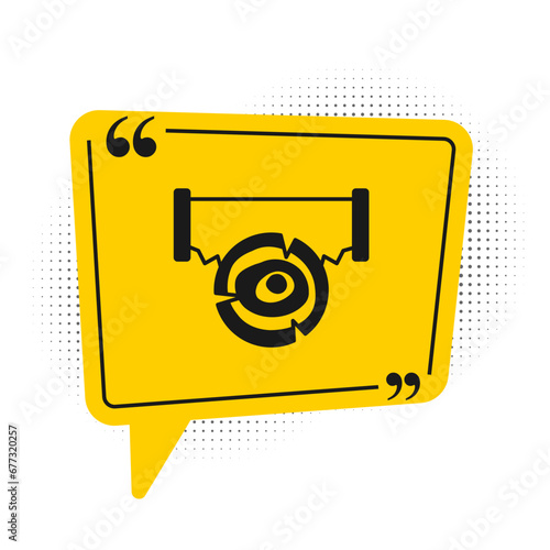 Black Two-handed saw and log icon isolated on white background. Yellow speech bubble symbol. Vector