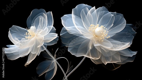  a close up of two flowers on a black background with a white center and a white center on the middle of the flower.