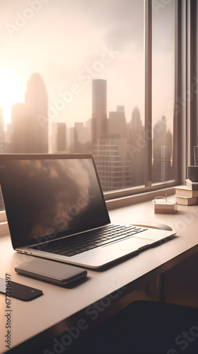 Laptop on office desk with city view in the background. 3D Rendering © Muhammad