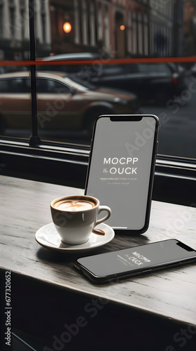 Cup of coffee and mobile phone on a table in a cafe