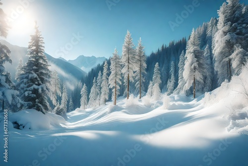 Pine trees in mountains and falling snow in fairy tale winter sunny morning. Soft ligth effect. © Eun Woo Ai