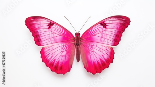  a pink butterfly sitting on top of a white surface with its wings spread out and it's head turned to the side. © Anna