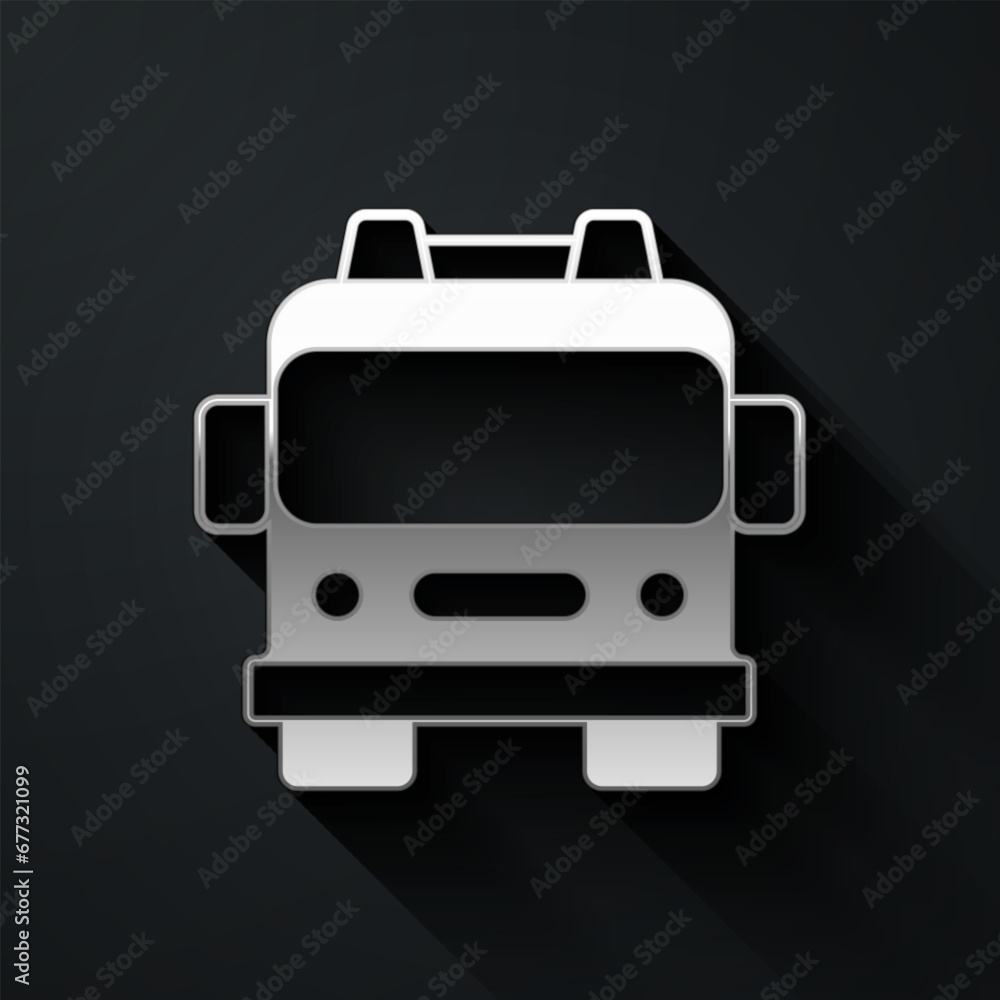 Silver Fire truck icon isolated on black background. Fire engine. Firefighters emergency vehicle. Long shadow style. Vector Silver Fire truck icon isolated on black background. Fire engine. Firefighters emergency vehicle. Long shadow style. Vector