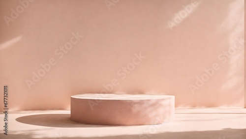 Blank pink cement curve counter podium for luxury organic cosmetic, skincare, beauty treatment product. Background for cosmetic product branding, identity and packaging. Generative AI.