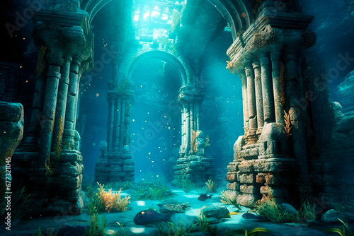 Columns and arches of an ancient city submerged at the bottom of the sea