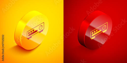 Isometric Sound mixer controller icon isolated on orange and red background. Dj equipment slider buttons. Mixing console. Circle button. Vector