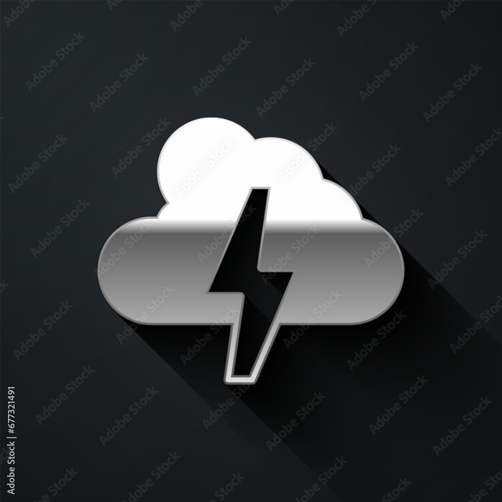 Silver Storm icon isolated on black background. Cloud and lightning sign. Weather icon of storm. Long shadow style. Vector Silver Storm icon isolated on black background. Cloud and lightning sign. Weather icon of storm. Long shadow style. Vector