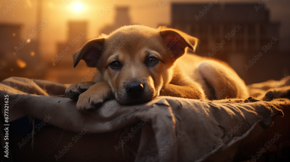 Puppy lounging in golden light, a picture of calm.