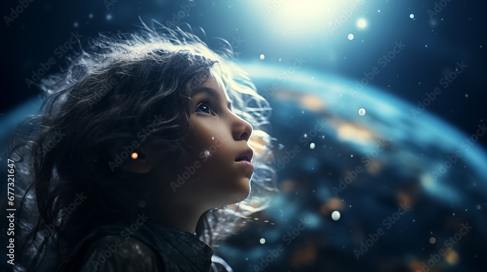 Child in awe of space, a cosmic journey of imagination. Child in awe of space, a cosmic journey of imagination.