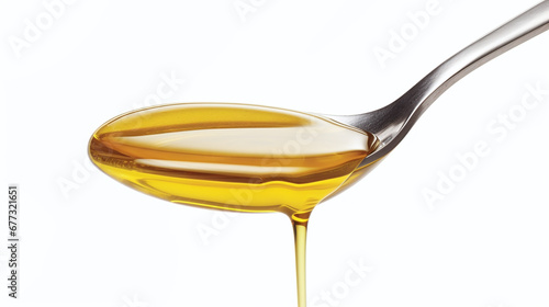spoon with yellow golden honey or cooking oil isolated against white background