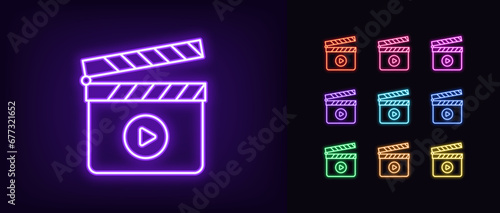 Outline neon clapperboard icon. Glowing neon clapper board with play sign. Cinema editor, video production, movie shooting, music clip recording. Filmmaking studio, multimedia editor. Vector icon set