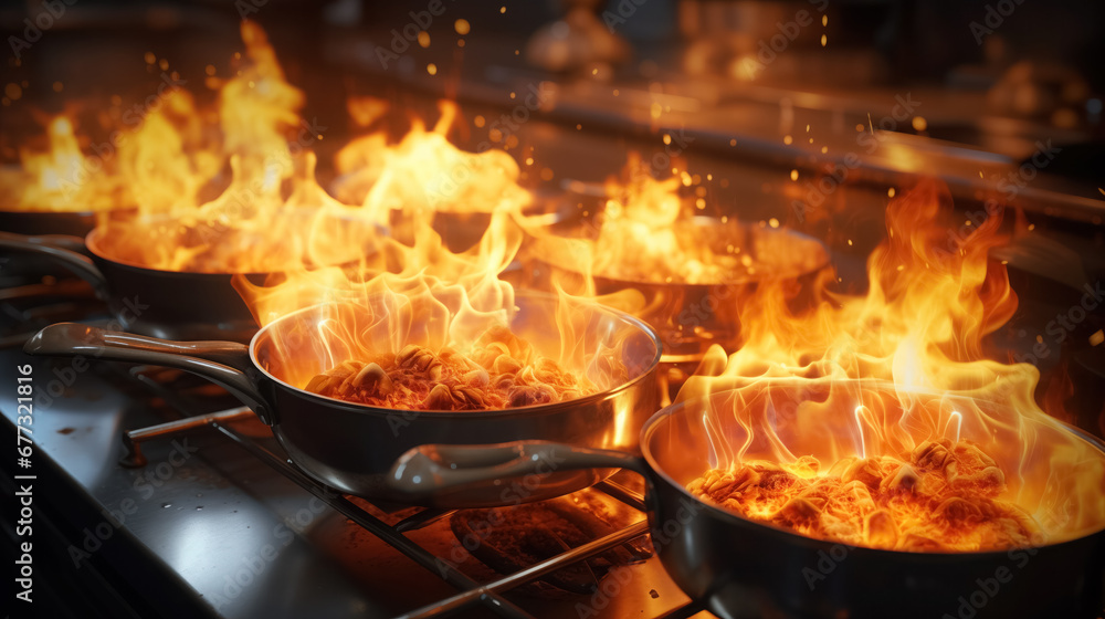 Multiple pans on fire, a dramatic scene of culinary flare.