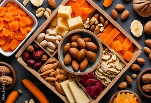 AI generated illustration of a vibrant and colorful assortment of snacks featuring almonds, cheese photo