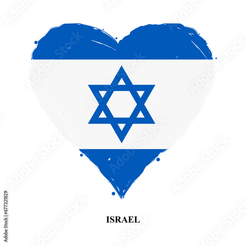 Vector Israel flag in heart shape with grunge texture. Heart shaped Israeli flag isolated on white background. Beautiful design country flag of Israel for banner, poster, sticker, print. Vector