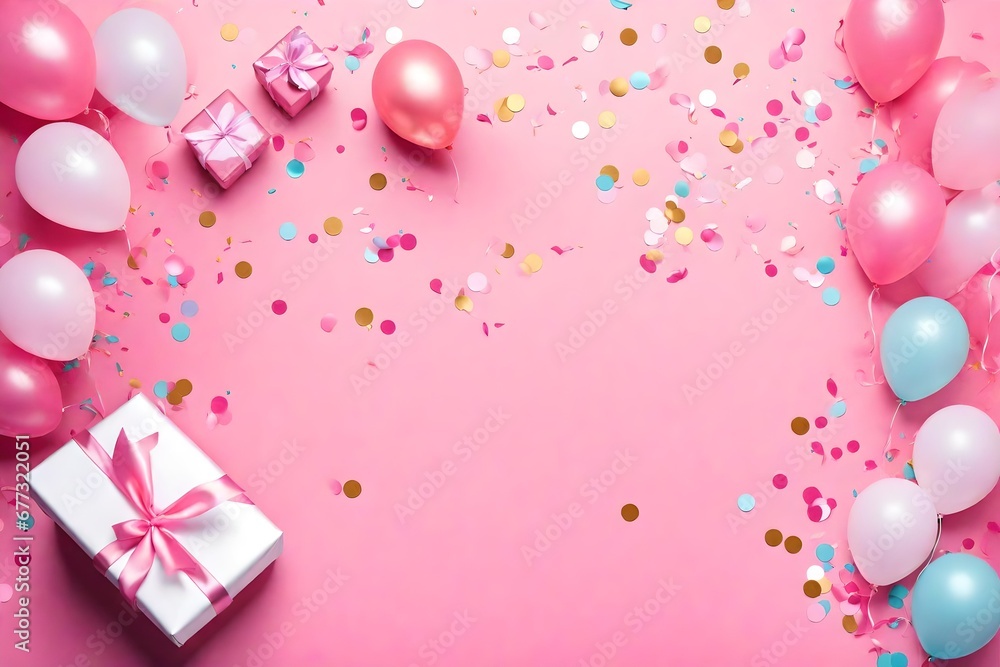 Pink table with balloons, gift or present box and confetti top view. Flat lay style. Composition for birthday or party theme.