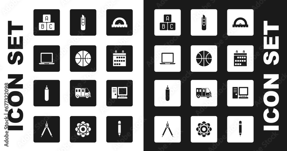 Set Protractor, Basketball ball, Laptop, ABC blocks, Calendar, Stationery knife, Computer monitor and Marker pen icon. Vector Set Protractor, Basketball ball, Laptop, ABC blocks, Calendar, Stationery knife, Computer monitor and Marker pen icon. Vector