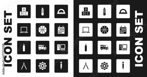 Set Protractor, Basketball ball, Laptop, ABC blocks, Calendar, Stationery knife, Computer monitor and Marker pen icon. Vector