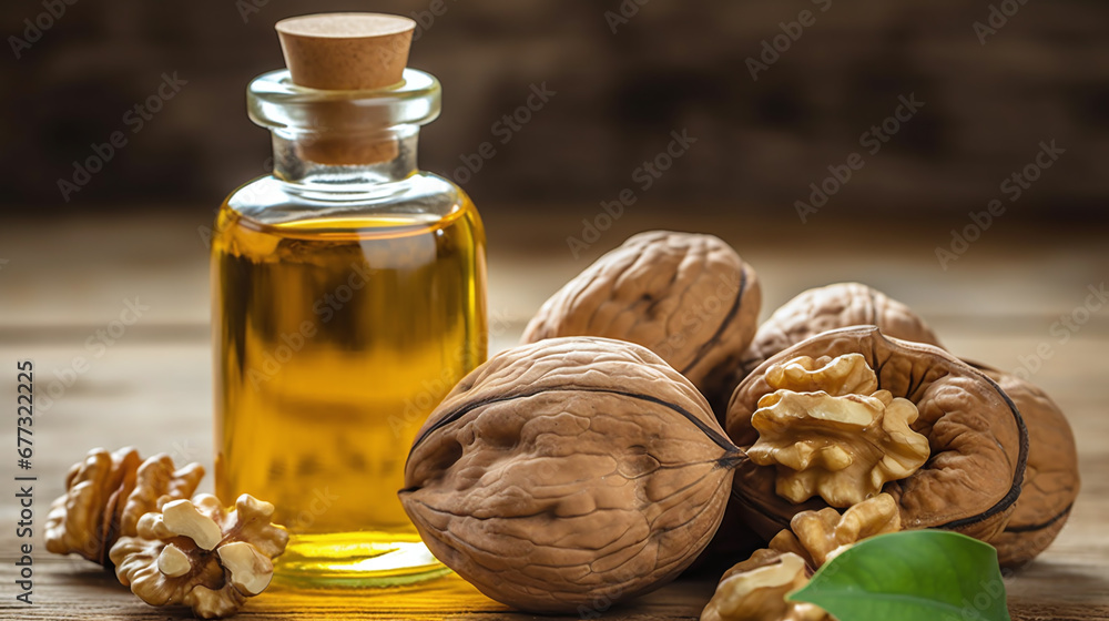 Still life with walnut oil in bottles with walnuts as decortation on a wooden table against a dark background
Still life with walnut oil in bottles with walnuts as decortation on a wooden table against a dark background