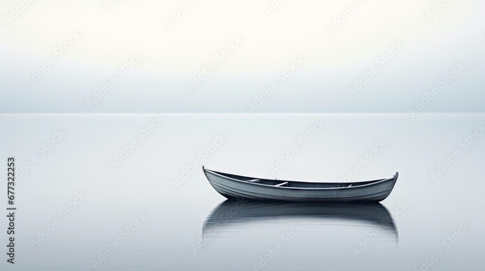 a boat floating on top of a body of water next to a white wall with a sky in the background. a boat floating on top of a body of water next to a white wall with a sky in the background.