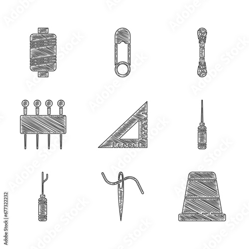 Set Triangular ruler, Needle for sewing with thread, Thimble, Awl tool, Yarn and Sewing icon. Vector