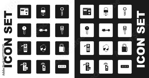 Set Key, Old key, Undefined, House intercom system, Car with remote, broke inside of padlock, Safe combination and Digital door icon. Vector