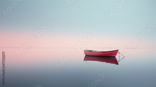  a small red boat floating on top of a lake next to a shore covered in fog and low lying clouds.