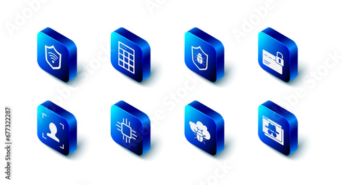 Set Password protection, System bug, Credit card with lock, Browser incognito window, cloud, Processor microcircuits CPU, Face recognition and Shield WiFi wireless icon. Vector
