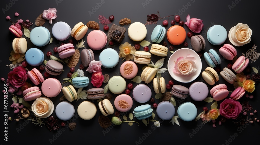 a bunch of macaroons that are next to a plate of macaroons and a flower on a table. a bunch of macaroons that are next to a plate of macaroons and a flower on a table.