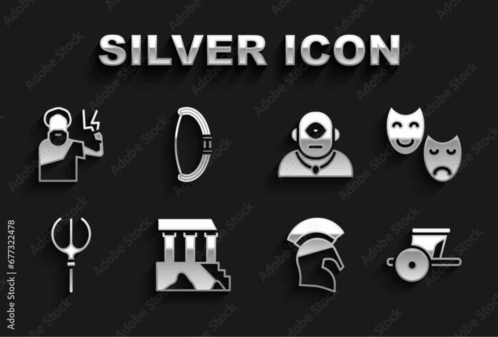Set Parthenon, Comedy and tragedy masks, Ancient chariot, Greek helmet, Neptune Trident, Cyclops, Zeus and Medieval bow icon. Vector Set Parthenon, Comedy and tragedy masks, Ancient chariot, Greek helmet, Neptune Trident, Cyclops, Zeus and Medieval bow icon. Vector