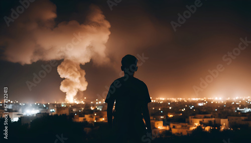 Man looking at the city at night with smoke from chimneys.