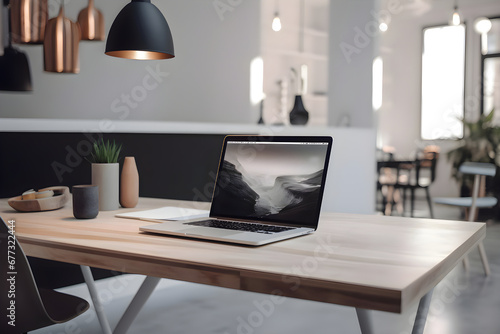 Laptop on wooden table in modern office. Workplace design concept