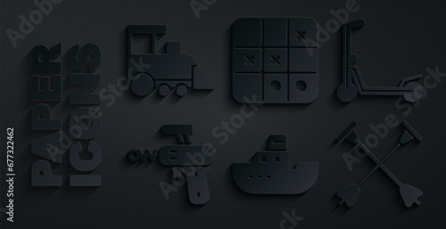 Set Toy boat, Scooter, Ray gun, Arrow with sucker tip, Tic tac toe game and train icon. Vector
