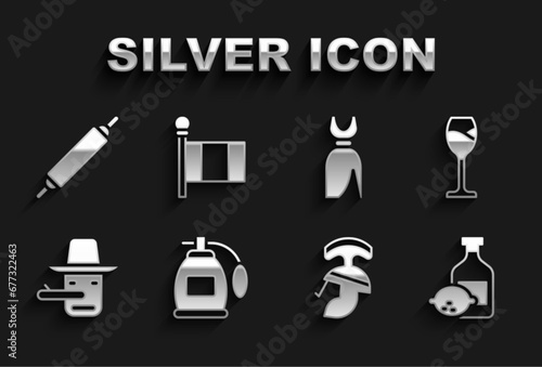 Set Perfume, Wine glass, Limoncello bottle, Roman army helmet, Pinocchio, Woman dress, Rolling pin and Flag Italy icon. Vector