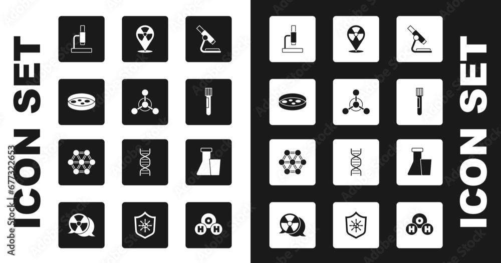 Set Microscope, Molecule, Petri dish with bacteria, Test tube and flask, Radioactive in location, and icon. Vector Set Microscope, Molecule, Petri dish with bacteria, Test tube and flask, Radioactive in location, and icon. Vector