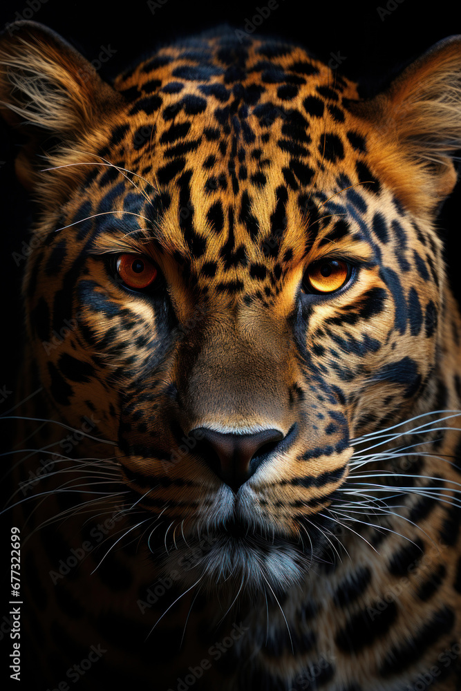 Obraz premium Leopard portrait on dark background. Generative AI