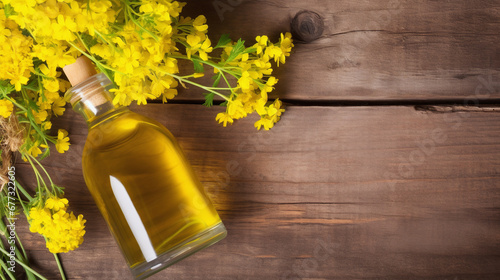 top view Still life with rapeseed oil in bottles and rape flowers as decortation on a wooden table with text space photo