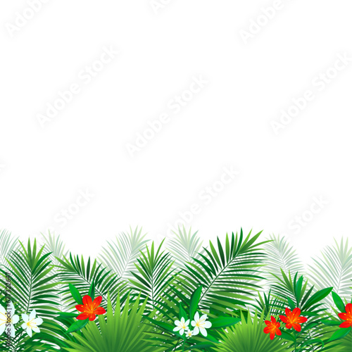 Hawaii border frame vector illustration. tropical hibiscus flowers card with beautiful plants. Tropic coconut palms leaves on a white square background for summer designs, backdrops and wallpapers