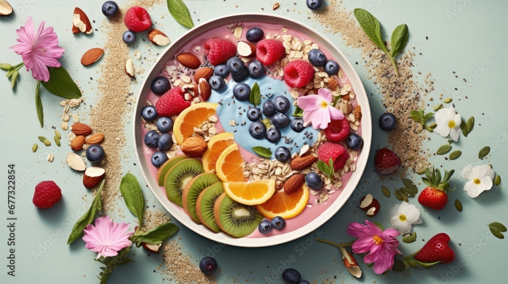 a bowl of yogurt, fruit, nuts, and berries on a blue surface with flowers and leaves. a bowl of yogurt, fruit, nuts, and berries on a blue surface with flowers and leaves.