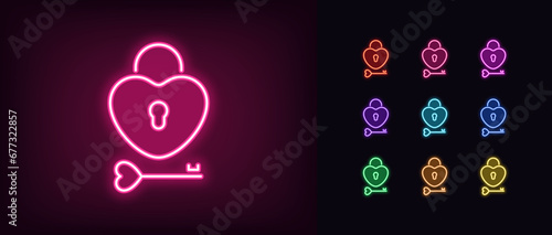 Outline neon love lock icon set. Glowing neon heart lock with key and keyhole. Unlock love, open you heart. Key to passion, health and happiness. Fondness and feelings under lock. Vector icon set