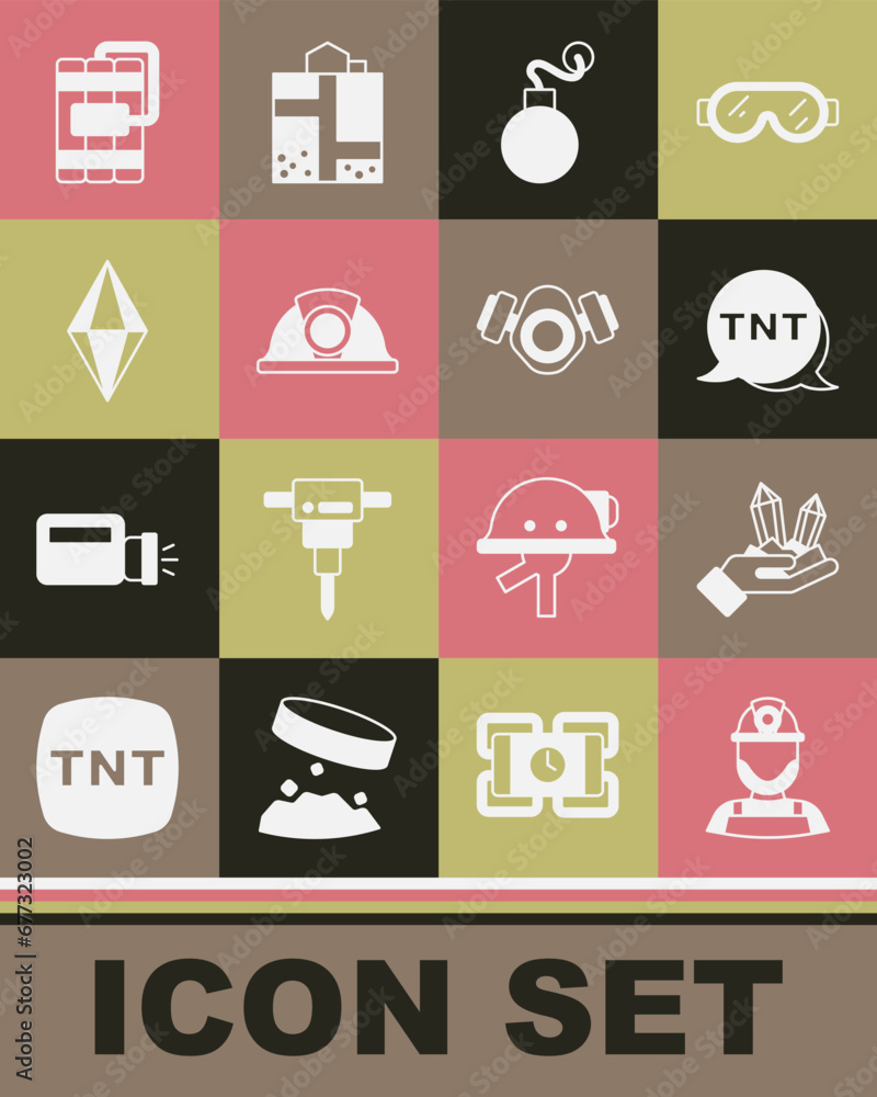 Set Miner in a helmet, Gem stone, Dynamite, Bomb, and Gas mask icon. Vector Set Miner in a helmet, Gem stone, Dynamite, Bomb, and Gas mask icon. Vector
